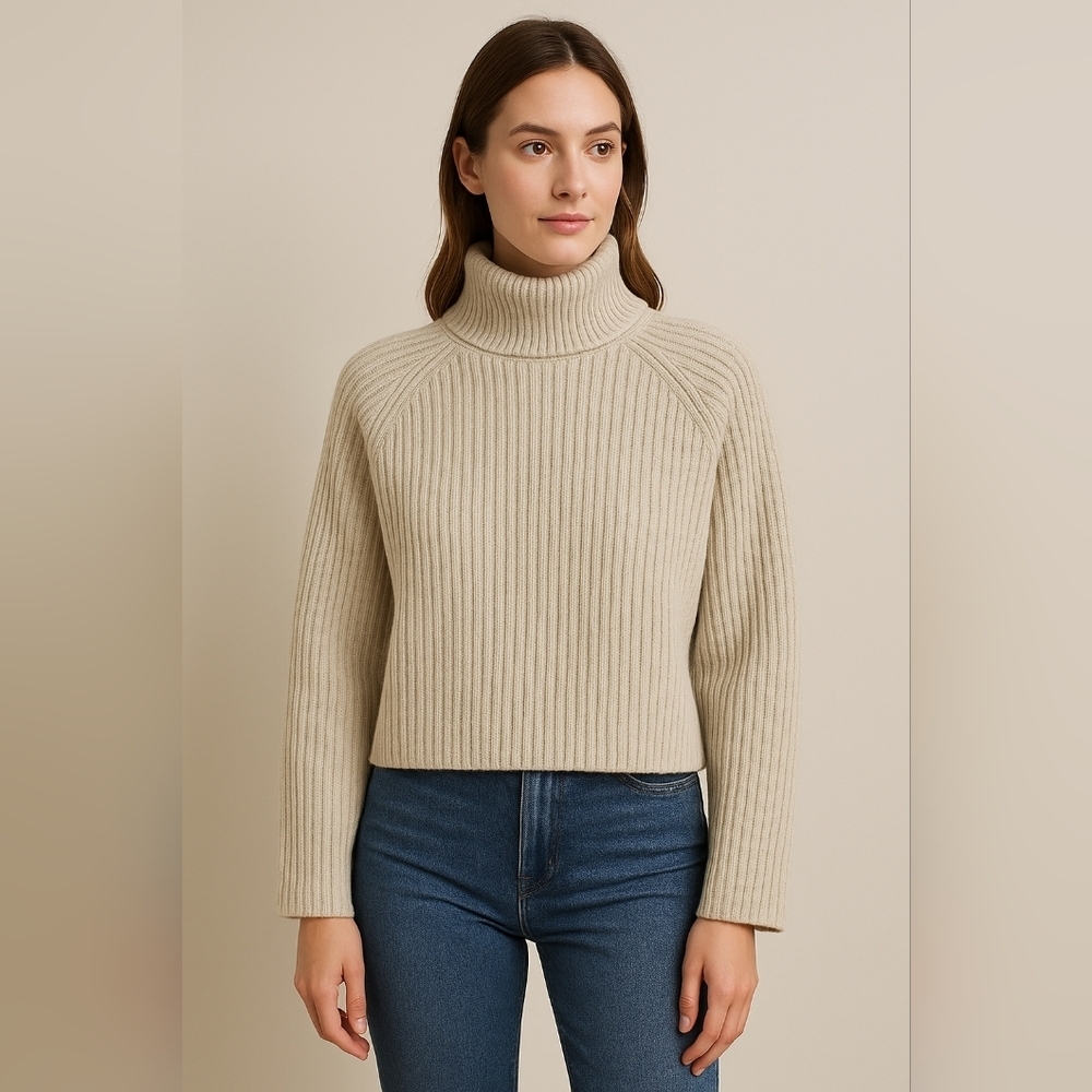 H&M Womens Minimalist Cream Neutral Ribbed Mock Neck Cropped Sweater – Size XXL